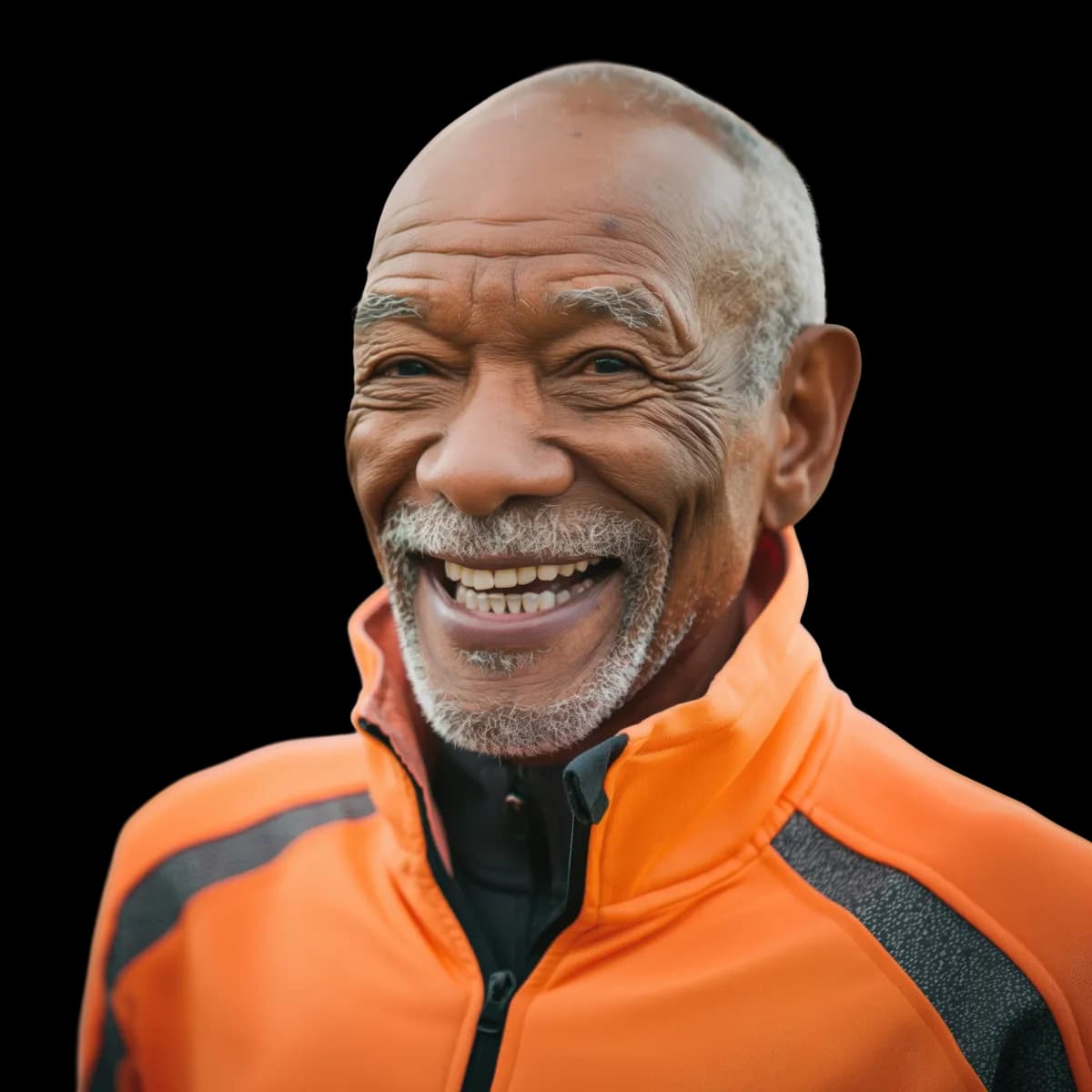 An older man in an orange jacket smiling broadly